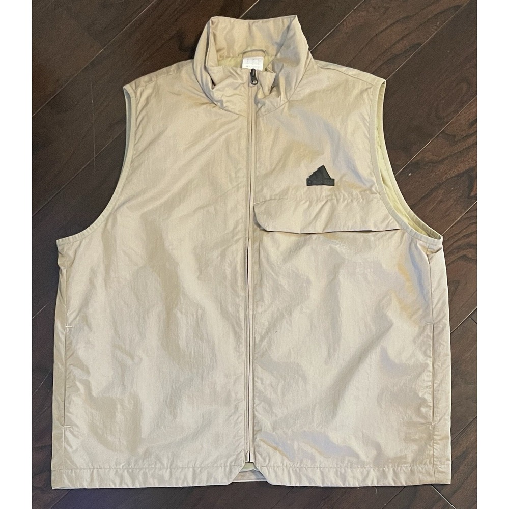 Adidas Sleeveless Vest Men L Beige Full Zip Mock Neck Lightweight Pockets Sporty